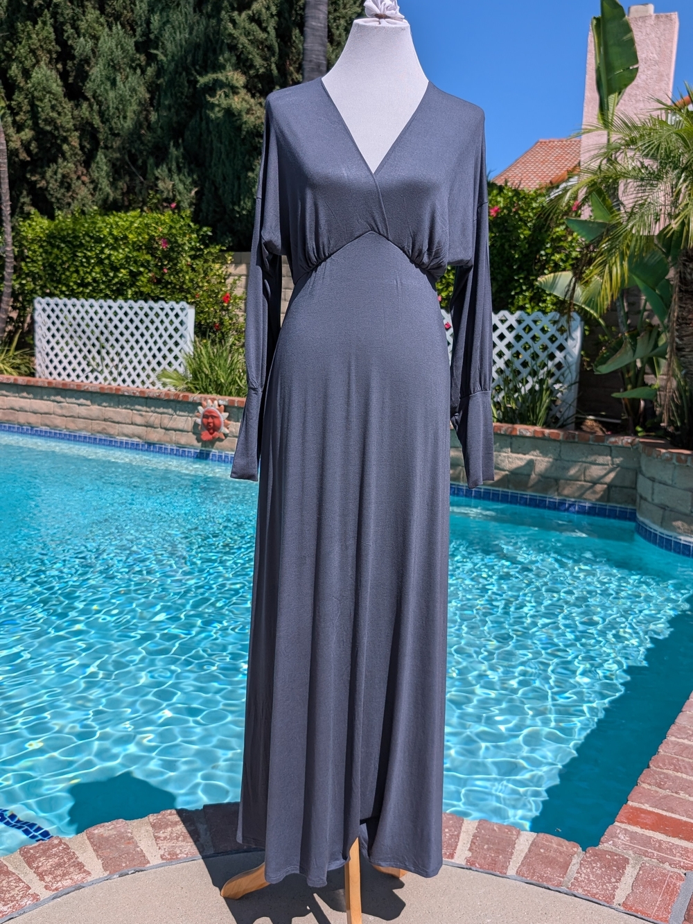 Slender V-Neck Long Sleeve Maxi Dress in Charcoal Gray